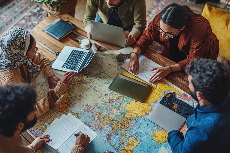 A diverse group of individuals from various cultures working together around a table equipped with maps, laptops, and cultural artifacts.