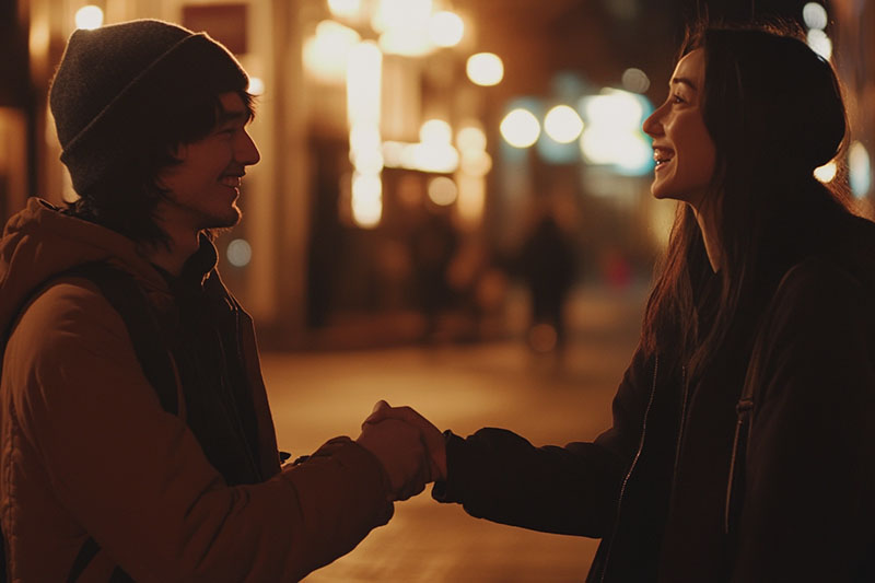 A casual snapshot of two people giving each other a friendly handshake, both smiling as they chat with each other in a genuine way.