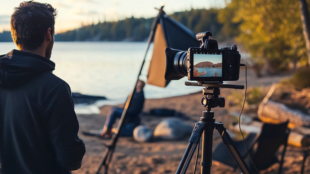 Brand ambassador sharing a personal journey in an outdoor video recording setup, framed by a serene lakeside at sunset.