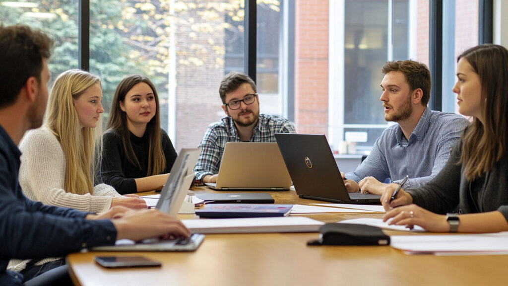 A team of professionals is meeting around a conference table, reviewing documents and laptops during a crisis meeting.