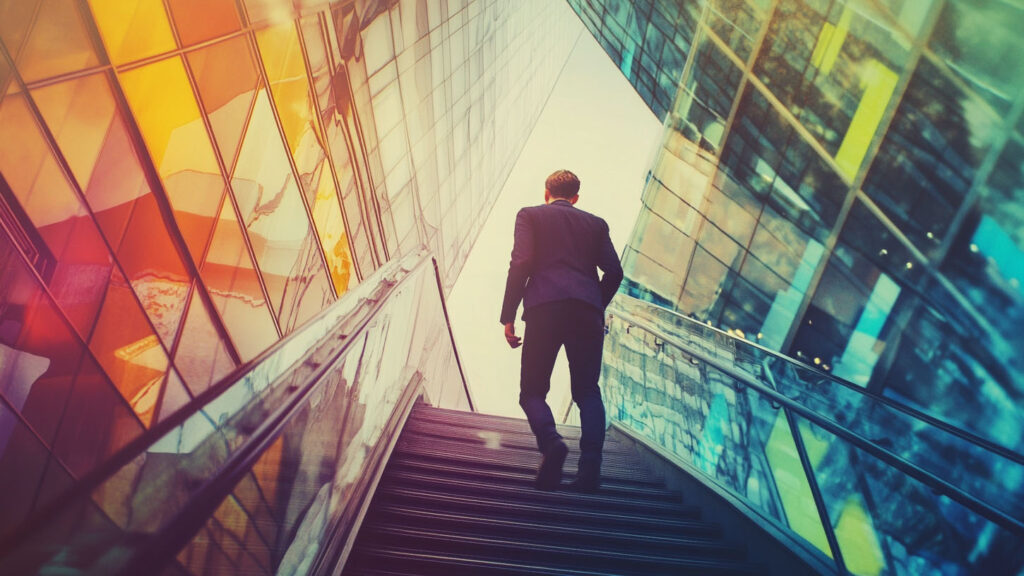 Businessman ascending stairs framed by vibrant glass reflections, reflecting growth, innovation, and success in digital marketing.
