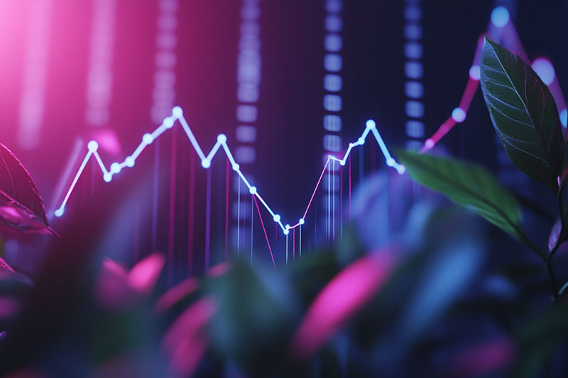 Graphs displaying an upward trend, along with an image of sprouting plants.