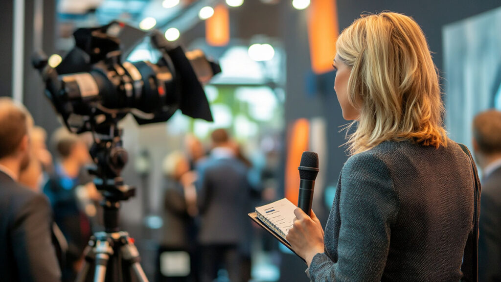 A journalist interviewing a spokesperson with a microphone and notepad, symbolizing effective media relations.