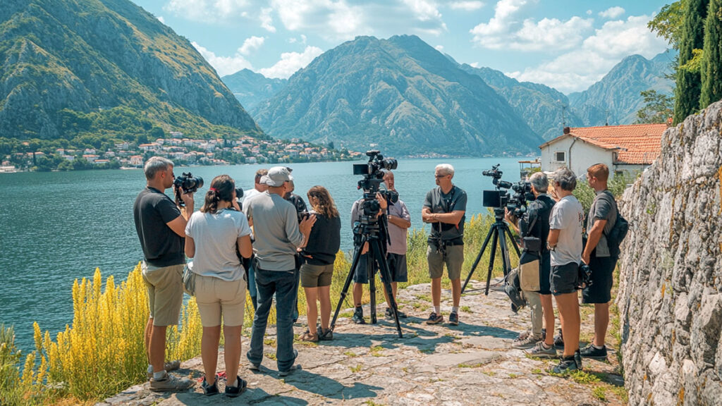 A group of journalists and photographers listening to a brand representative at a scenic location during a press trip.